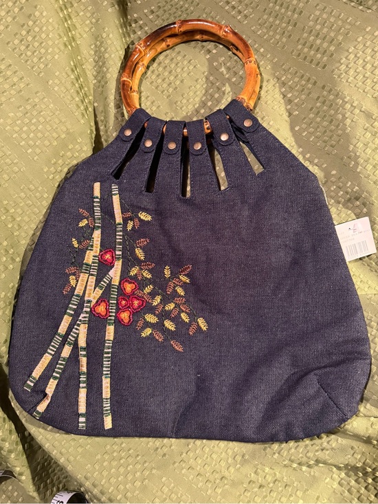 Handbags - Handheld Bamboo-Handle Embroidered Navy Tote